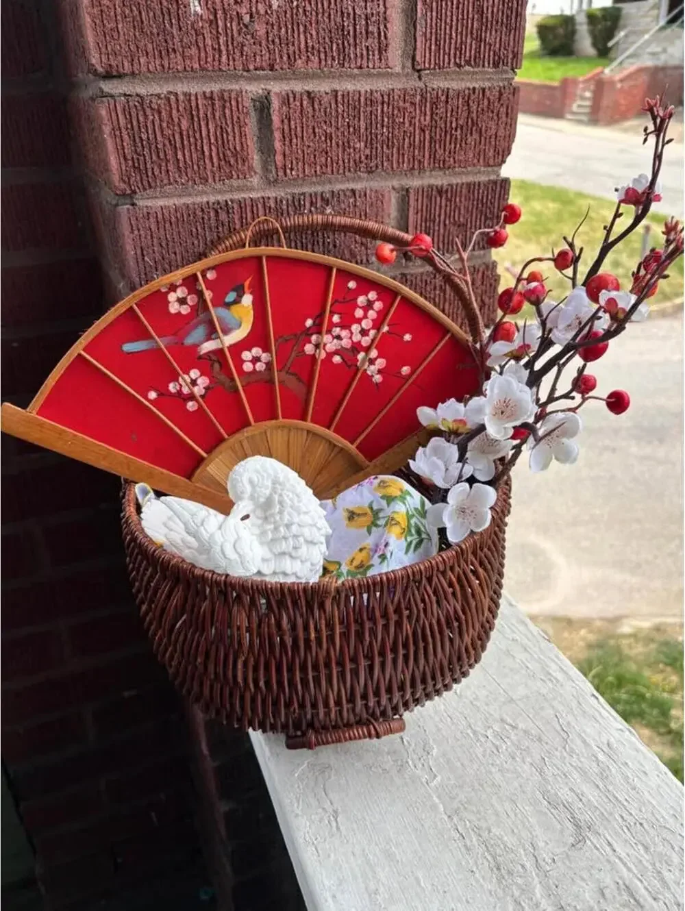 Decorative Basket with Red Wall Fan & Artificial Flowers